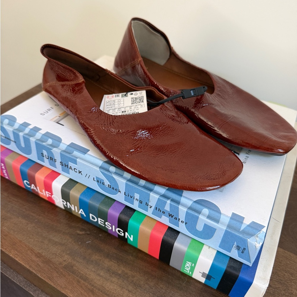 ZARA Women's Patent Leather Slip-On Flats in Brown • NEW with tags!